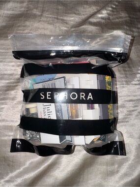 Sephora Clear Cosmetic Pouch with Black Trim and Pink Samples